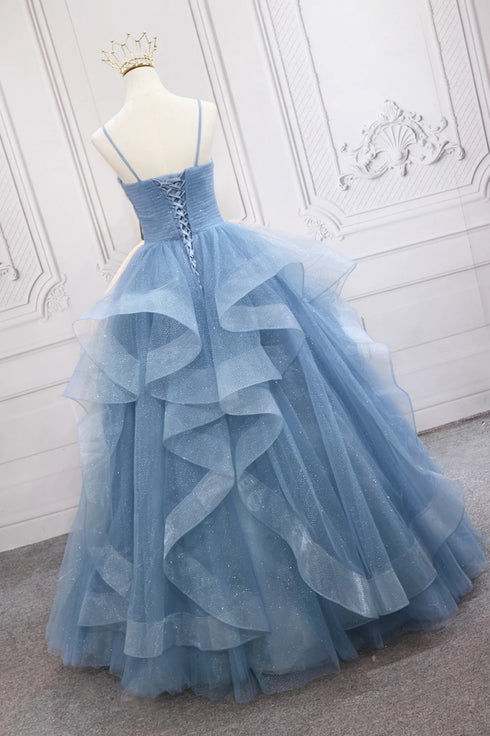 Blue Tulle Layers Long Party Dress Prom Dress, Beautiful Sweet 16 Dresses