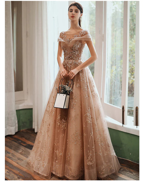 Champagne with Lace Short Sleeves Prom Dress, A-line Long Evening Party Dress