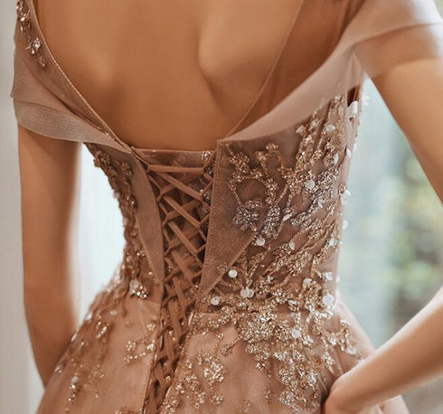 Champagne with Lace Short Sleeves Prom Dress, A-line Long Evening Party Dress