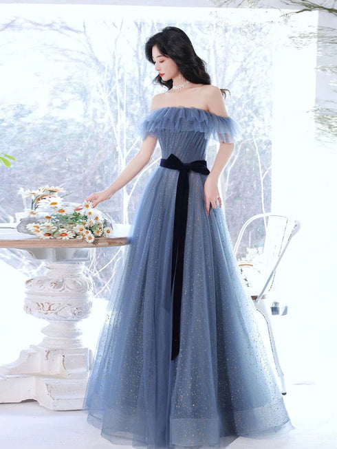 Unique Tulle A-line Off Shoulder Prom Dress, Tulle Evening Gowns