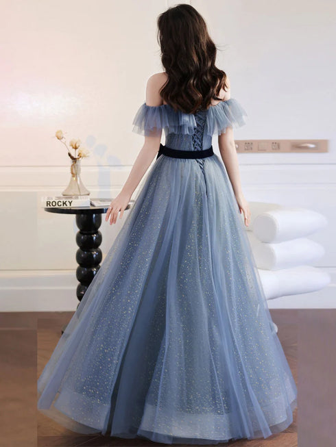 Unique Tulle A-line Off Shoulder Prom Dress, Tulle Evening Gowns