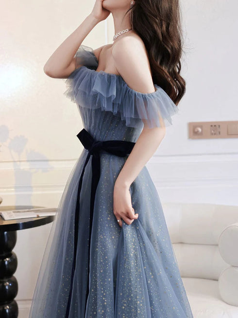 Unique Tulle A-line Off Shoulder Prom Dress, Tulle Evening Gowns