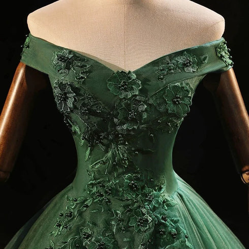 Green Tulle with Lace Applique Long Prom Dress, Green Sweet 16 Dresses
