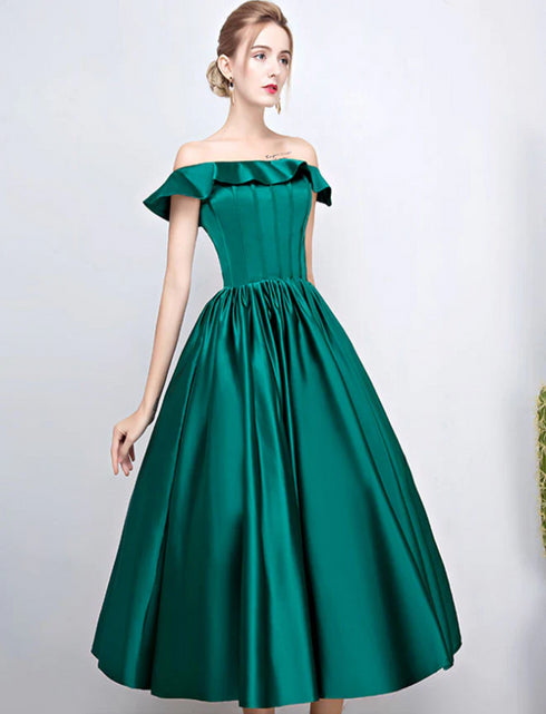 Green Satin Off Shoulder Prom Party Dress, Green Homecoming Dress