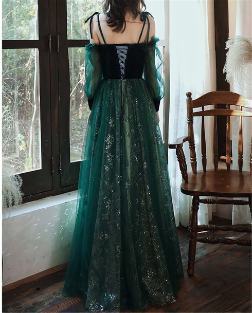 Dark Green Tulle Stunning Sequin Spaghetti Straps Prom Dress, Green Party Dress