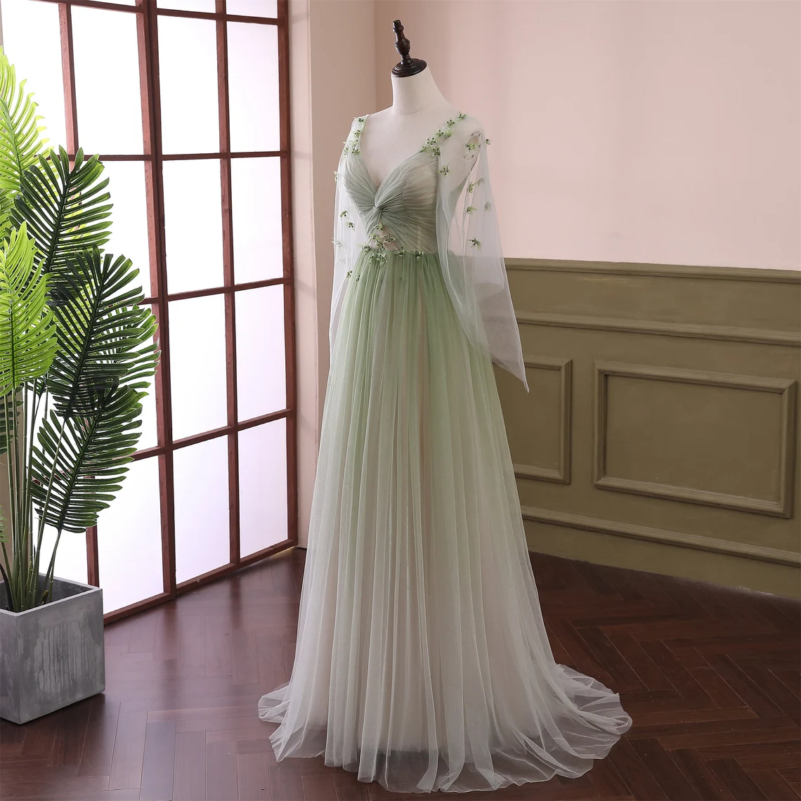 Beautiful Gradient Tulle Green Beaded Long Sleeves Party Dress, Green Formal Dress US size 20W / Green Beautiful Gradient Tulle Green Beaded Long Sleeves Party Dress, Green Formal Dress US size 20W / Green