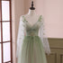 Beautiful Gradient Tulle Green Beaded Long Sleeves Party Dress, Green Formal Dress