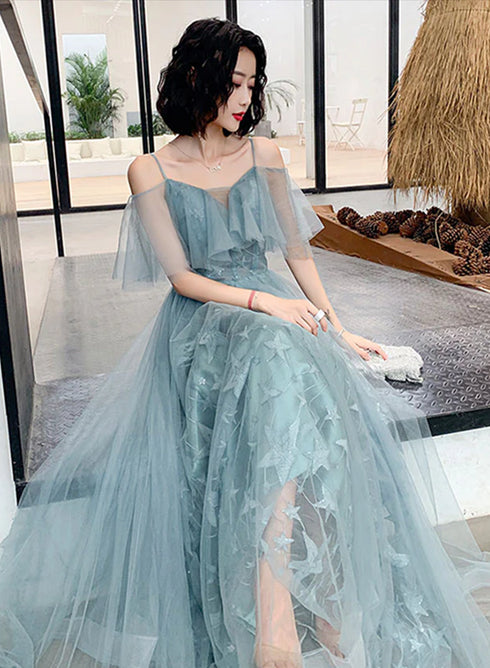 Green Sweetheart Lace Tulle Long Party Dress, Green A-line Evening Dresses