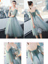 Green Tulle V-neckline Floral Tulle Knee Length Party Dress, Green Homecoming Dress
