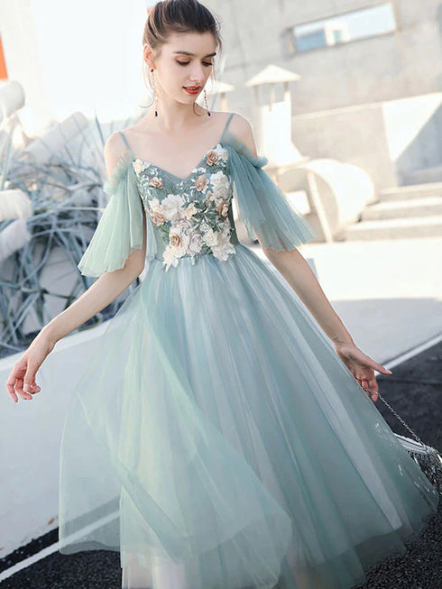 Green Tulle V-neckline Floral Tulle Knee Length Party Dress, Green Homecoming Dress