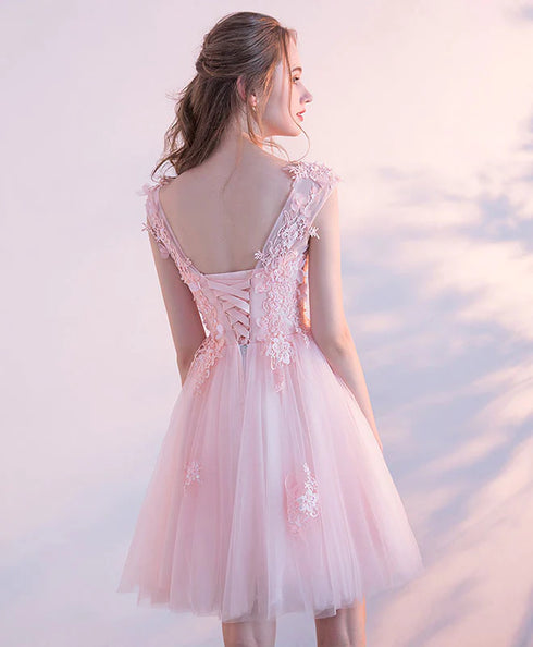 Pink Tulle with Lace and Flowers Short Prom Dresses, Pink Tulle Homecoming Dress