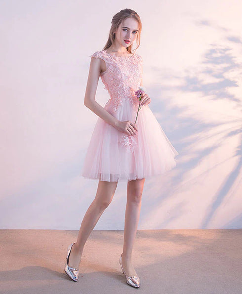 Pink Tulle with Lace and Flowers Short Prom Dresses, Pink Tulle Homecoming Dress