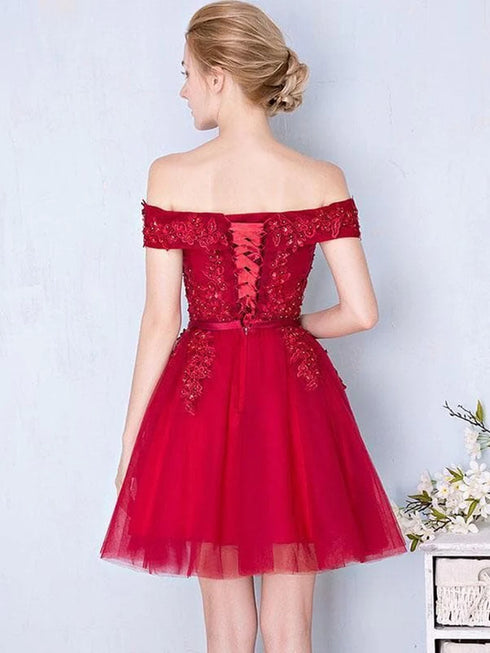 Wine Red Tulle with Lace Applique Party Dress, Dark Red Homecoming Dress