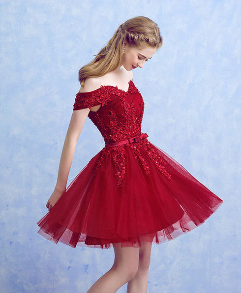 Wine Red Tulle with Lace Applique Party Dress, Dark Red Homecoming Dress
