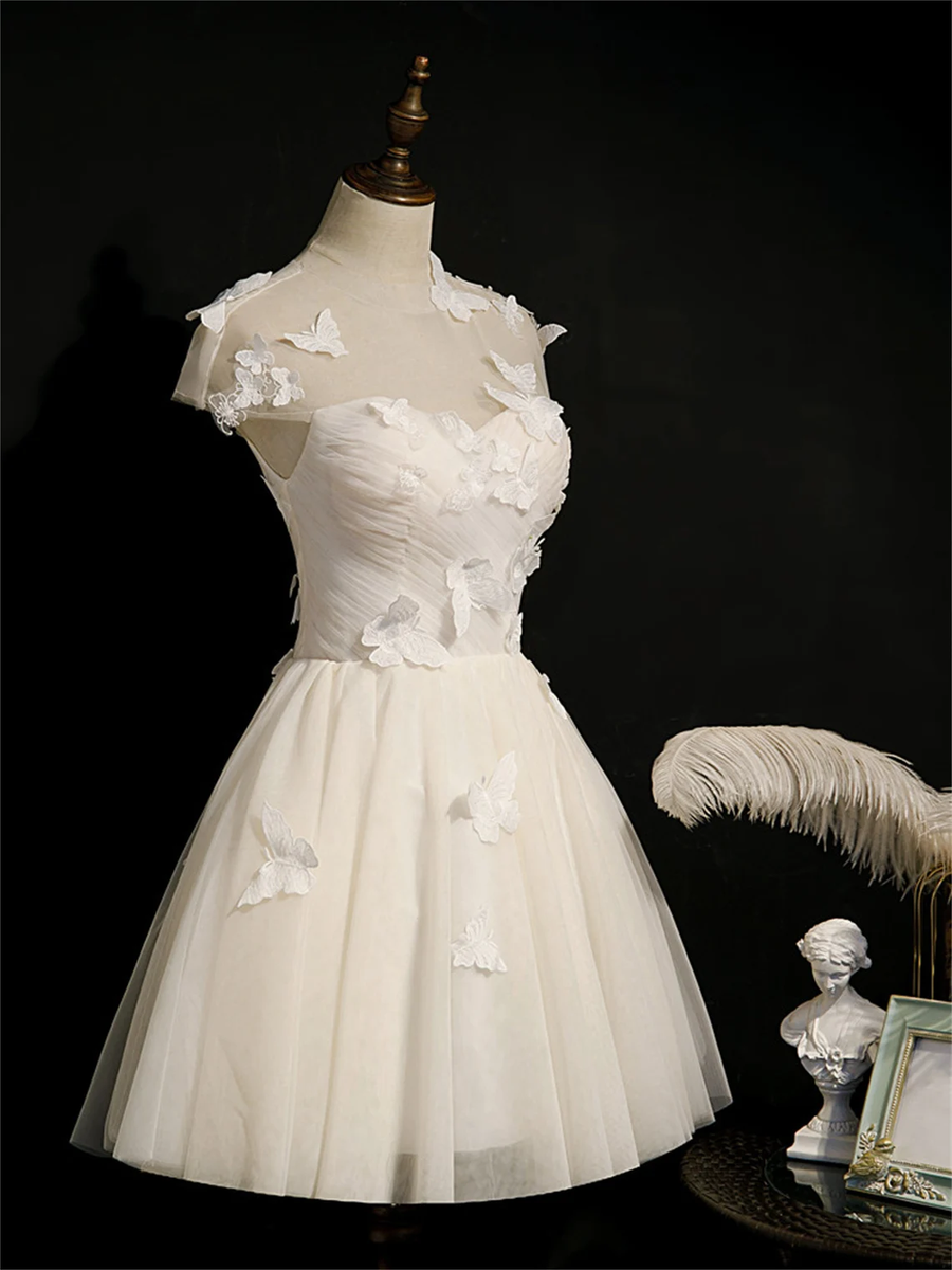 Scoop Neck Ivory Appliques Homecoming Dresses With Short Sleeves main image 0