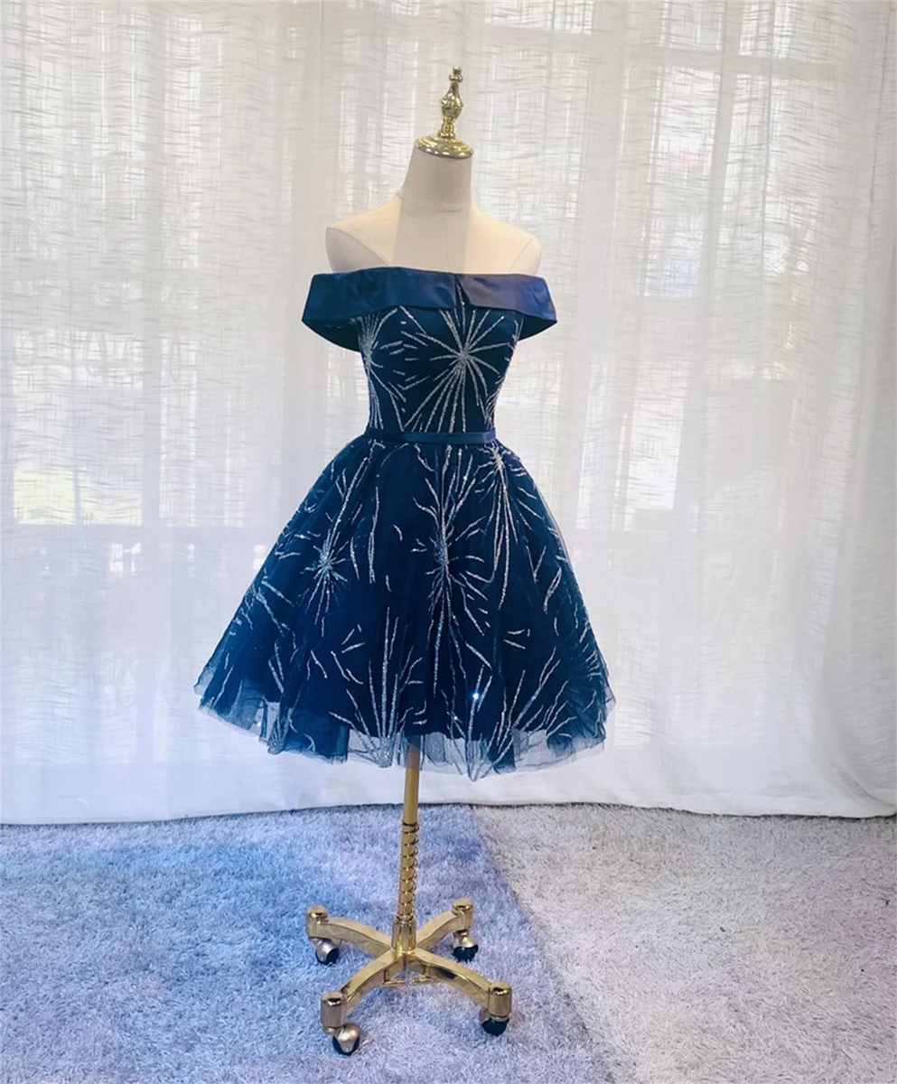 Dark Blue Tulle Off Shoulder Knee Length Party Dress, Blue Homecoming