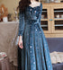 Blue Velvet Long Sleeves Floor Length Wedding Party Dress, Blue Bridesmaid Dresses