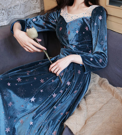Blue Velvet Long Sleeves Floor Length Wedding Party Dress, Blue Bridesmaid Dresses