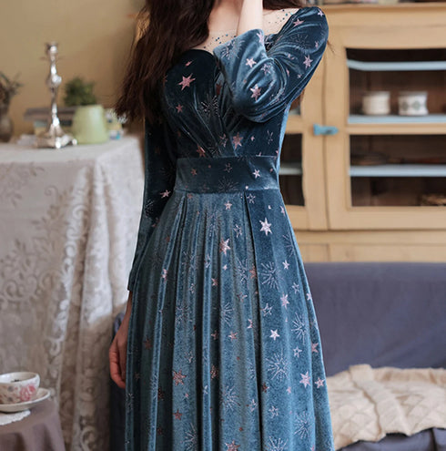 Blue Velvet Long Sleeves Floor Length Wedding Party Dress, Blue Bridesmaid Dresses