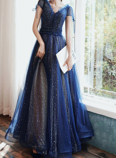 Navy Blue Cap Sleeves Shiny Tulle Lace-up Prom Dress, Blue Evening Formal Dress
