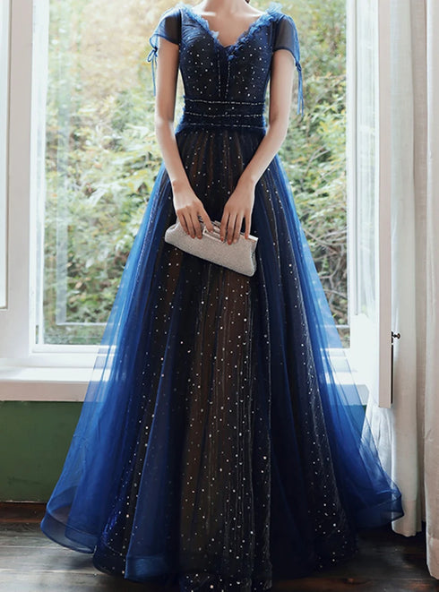 Navy Blue Cap Sleeves Shiny Tulle Lace-up Prom Dress, Blue Evening Formal Dress