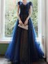 Navy Blue Cap Sleeves Shiny Tulle Lace-up Prom Dress, Blue Evening Formal Dress