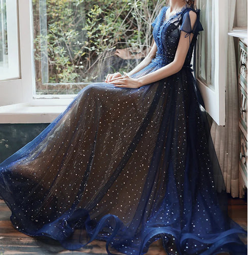 Navy Blue Cap Sleeves Shiny Tulle Lace-up Prom Dress, Blue Evening Formal Dress
