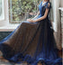 Navy Blue Cap Sleeves Shiny Tulle Lace-up Prom Dress, Blue Evening Formal Dress