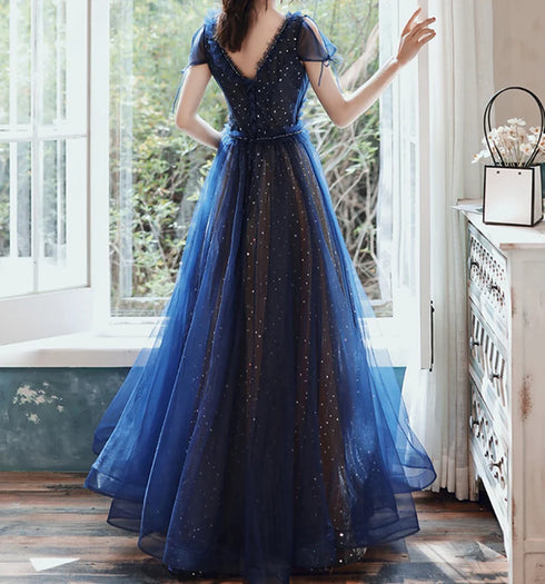 Navy Blue Cap Sleeves Shiny Tulle Lace-up Prom Dress, Blue Evening Formal Dress