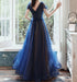 Navy Blue Cap Sleeves Shiny Tulle Lace-up Prom Dress, Blue Evening Formal Dress