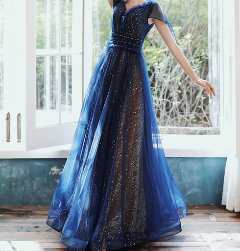 Navy Blue Cap Sleeves Shiny Tulle Lace-up Prom Dress, Blue Evening Formal Dress