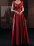Wine Red Satin Low Back Lace-up Short Sleeves Party Dress, Wine Red Formal Dresses