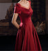 Wine Red Satin Low Back Lace-up Short Sleeves Party Dress, Wine Red Formal Dresses
