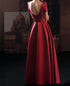 Wine Red Satin Low Back Lace-up Short Sleeves Party Dress, Wine Red Formal Dresses