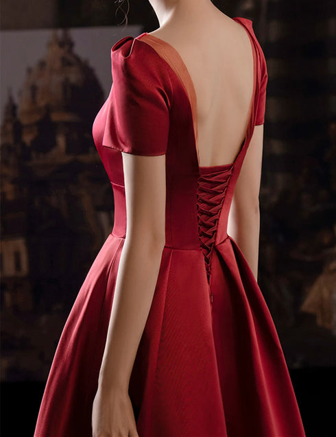 Wine Red Satin Low Back Lace-up Short Sleeves Party Dress, Wine Red Formal Dresses