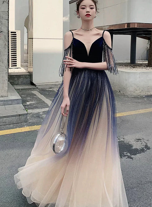 Beautiful Tulle Blue Gradient V-neckline Straps Prom Dress, A-line Tulle Formal Dress