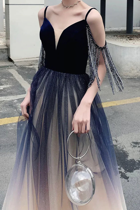 Beautiful Tulle Blue Gradient V-neckline Straps Prom Dress, A-line Tulle Formal Dress