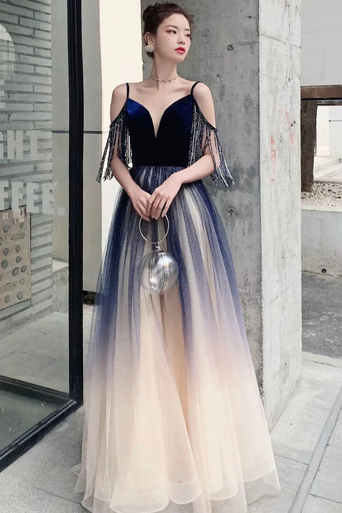 Beautiful Tulle Blue Gradient V-neckline Straps Prom Dress, A-line Tulle Formal Dress