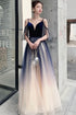 Beautiful Tulle Blue Gradient V-neckline Straps Prom Dress, A-line Tulle Formal Dress
