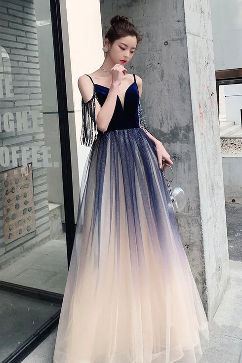 Beautiful Tulle Blue Gradient V-neckline Straps Prom Dress, A-line Tulle Formal Dress