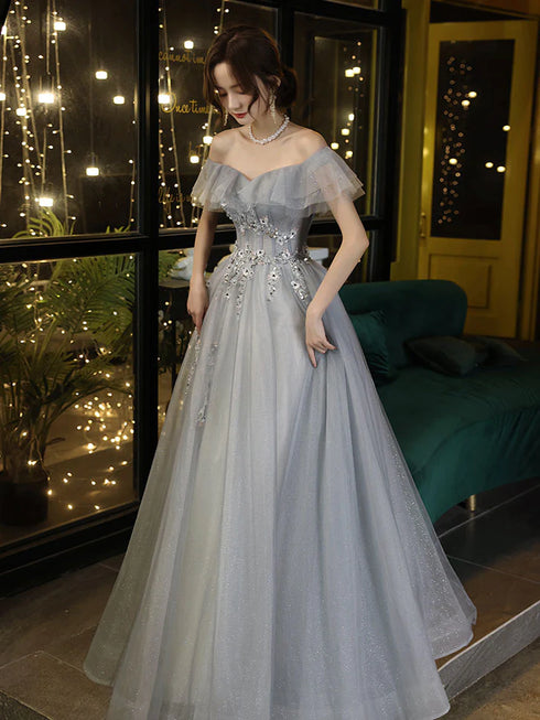 Light Grey Tulle A-line Sweetheart Prom Dress, Grey Off Shoulder Party Dresses