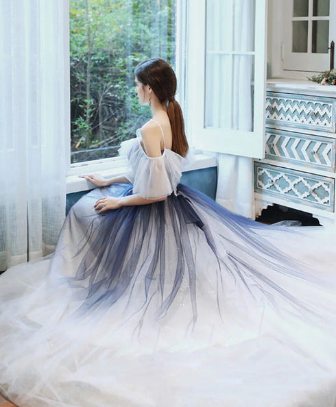 Charming Blue Gradient Straps Long Junior Prom Dress, Blue Formal Gown Evening Dresses