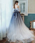 Charming Blue Gradient Straps Long Junior Prom Dress, Blue Formal Gown Evening Dresses