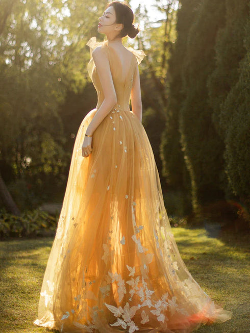 Yellow Tulle with White Lace Long Evening Dress, Yellow Straps Prom Dresses