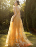 Yellow Tulle with White Lace Long Evening Dress, Yellow Straps Prom Dresses