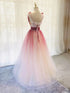Red Gradient Tulle Beaded Long Party Dress Formal Dress, V-neckline Party Dresses