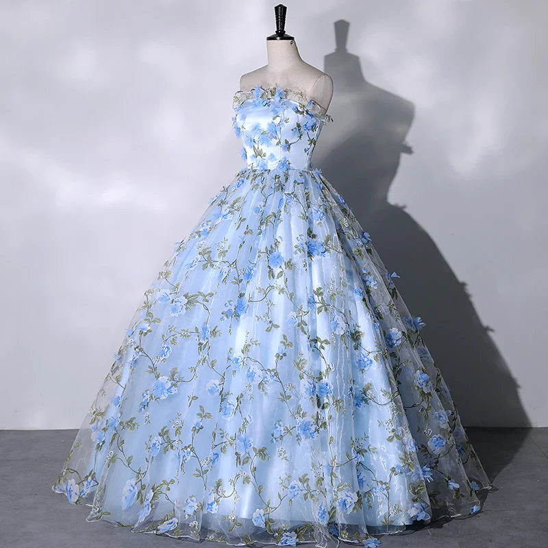 Blue Floral Sweetheart Floor Length Formal Dresses, Blue Long Party Dr