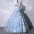 Blue Floral Sweetheart Floor Length Formal Dresses, Blue Long Party Dresses