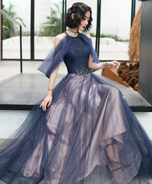 Blue Halter A-line Tulle Sequin Long Prom Dress, Blue Tulle Evening Dress Party Dress