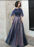 Blue Halter A-line Tulle Sequin Long Prom Dress, Blue Tulle Evening Dress Party Dress